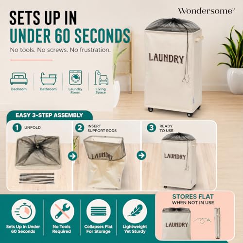 Wondersome Laundry Hamper with Wheels - Farmhouse Cream - 90-Liter Extra Large Collapsible Rolling Clothes Cart - Heavy Duty Locking Metal Wheel Tall Rectangular Canvas Storage Basket - US-Based Brand