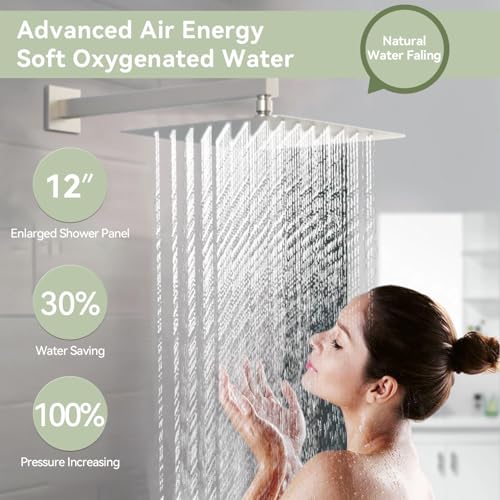Shower System with Body Jets, Bostingner Four Modes Shower Faucet 12+6" Rain Shower Head with Handheld Spray 2 Ways, 4Pcs Shower Jets System in Wall Shower Faucet Sets Complete,Brushed Nickel - color: Brushed Nickel, size: 6+12 inch-02