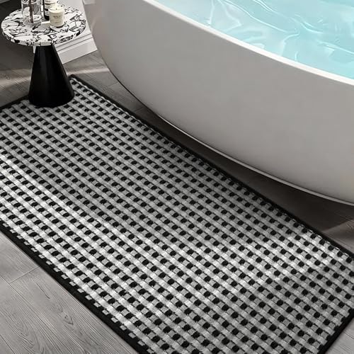 YIHOUSE Bathroom Rugs 16" x 47", Ultra Thin Checkered Weave Bath Mat - Soft Absorbent Quick Dry Bath Mat, Machine Washable Non Slip Bath Rugs for Bathroom, Shower & Tub, Black White - color: Black White, size: 16"x47"