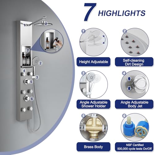 ROVATE Shower Panel Tower System with Shelf & 6 Body Jets, Brushed Finish | Stainless Steel Shower Column with Height Adjustable Shower Arm, Self-Cleaning Rainfall Showerhead & Handheld - color: Brushed Finish