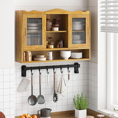 Retro Style Haze Two Glass Door Wood Wall Cabinet with Detachable Shelves for Office, Dining Room,Living Room, Kitchen and Bathroom - color: Natural(3)