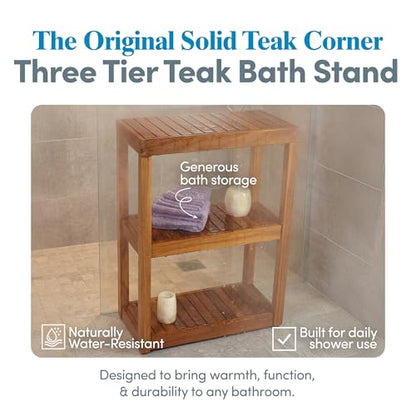 AquaTeak 12" Original Sula Rectangle Teak Bathroom Stand - Shower Stand with 3 Tier Shelf - Durable Water Resistant Shower Organizer - Space-Saving Storage Shelves with Anti-Slip Feet