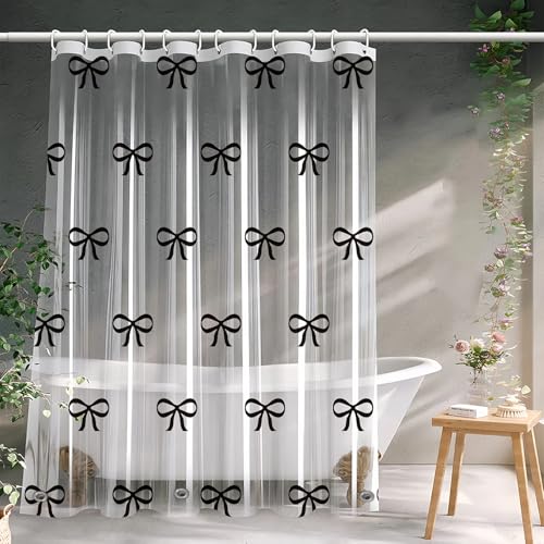 Clear Cute Black Bow Shower Curtain Liner, Plastic Transparent Girly Fancy Shower Curtain, Aesthetic Preppy Shower Curtain Bow Bathroom Decor for Women, 72x78 Shower Curtain Set with Magnets 12 Hooks - color: Clear Black Bow, size: 72"W x 78"L (Pack of 1)
