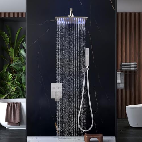 Aolemi Shower Faucet Set with Valve Handheld 10" LED Head Brushed Nickel | Handheld Spray,10 Inch Rain LED Head,Valve and Trim Kit,All Metal,Wall Mount Shower System,Bathroom Mixer - color: Nickel, size: 10 Inch LED Shower Head
