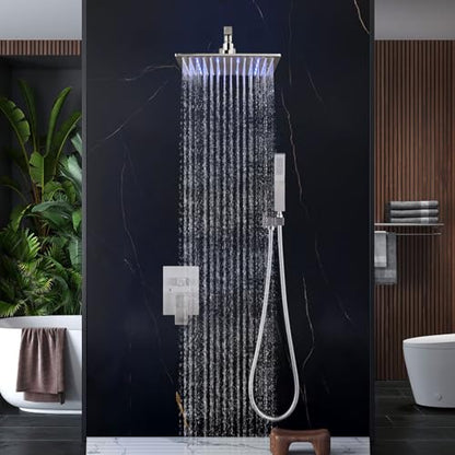 Aolemi Shower Faucet Set with Valve Handheld 12" LED Head Brushed Nickel | Handheld Spray,12 Inch Rain LED Head,Valve and Trim Kit,All Metal,Wall Mount Shower System,Bathroom Mixer - color: Nickel, size: 12 Inch LED Shower Head