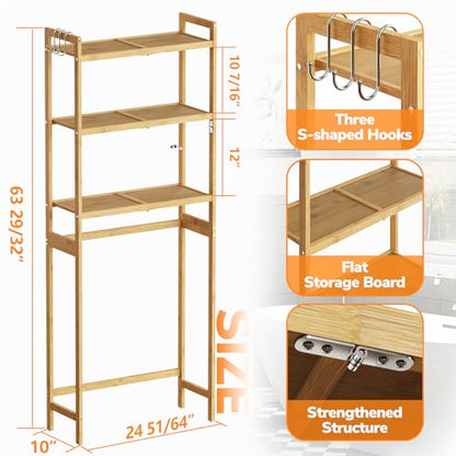 AMBIRD Over The Toilet Storage, 3-Tier Bathroom Organizer Over Toilet with Sturdy Bamboo Solid Shelves, Non-Slip Pads and 3 Hooks, Multifunctional Behind Toilet Shelf Rack, Space Saver (Original)