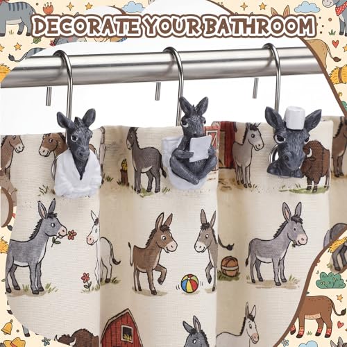 Roowest 12 Pcs Donkey Shower Curtain Hooks, Stainless Steel Farmhouse | Rust Resistant Shower Curtain Hangers, Western Rustic Bathroom Decor, Resin Donkey Head with White Scarf Winter Style - style: Donkey