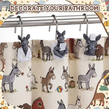 Roowest 12 Pcs Donkey Shower Curtain Hooks, Stainless Steel Farmhouse | Rust Resistant Shower Curtain Hangers, Western Rustic Bathroom Decor, Resin Donkey Head with White Scarf Winter Style - style: Donkey