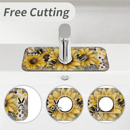 Kitchen Sink Splash Guard，Sunflower-with bumblebees Faucet Mat Sink Gadgets-Super Absorbent Fast Drying Mat Drip Catcher for Kitchen, Bathroom,Sink Mat, Dish Drying Mat, Bathroom(15" X 5.5" ) - color: Sunflower-with bumblebees