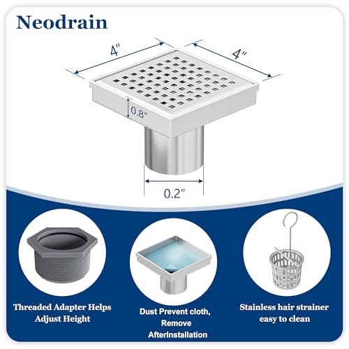 Neodrain 4 in Brushed Square Shower Drain with Quadrato Pattern Grate | 304 Stainless Steel Square Drain for bathroom, with Hair Strainer and Lifting Hook,Waterproof & Durable, CUPC Certified - color: Stainless, size: 4 IN