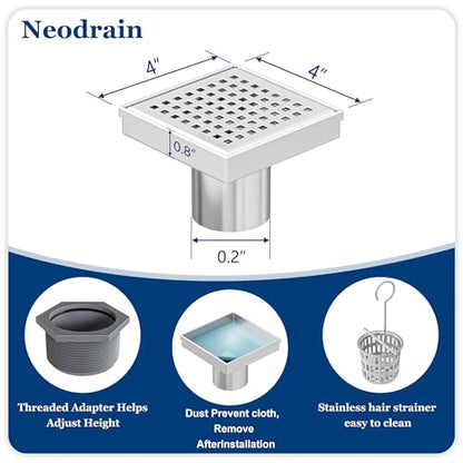 Neodrain 4 in Brushed Square Shower Drain with Quadrato Pattern Grate | 304 Stainless Steel Square Drain for bathroom, with Hair Strainer and Lifting Hook,Waterproof & Durable, CUPC Certified - color: Stainless, size: 4 IN
