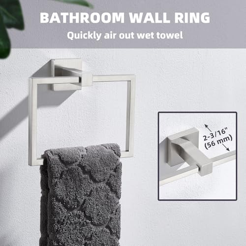 Square Towel Ring for Bathroom, Brushed Nickel, 304 Stainless Steel | 180° Swivel Towel Holder, Easy Towel Access, Spacious 6.3" Inner Ring, Easy Drilling Wall Mounted for Sink Vanity Kitchen - color: Brushed Nickel
