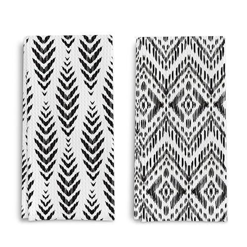 Black and White Kitchen Dish Towels Set of 2 - Mid Century Modern Boho Leaf Pattern Decorative Hand Towels for Bathroom Kitchen, Modern Home Decor, Black and White Dish Towels 16x24 Inches - color: Mid Century Leaf Pattern