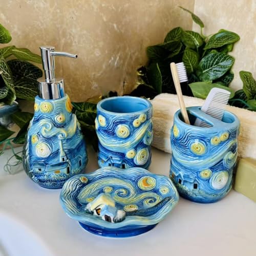4 Piece Van Gogh Starry Night Ceramic Bathroom Accessory Set, Blue Art Decor with Soap Dispenser, Toothbrush Holder, Tumbler, Soap Dish
