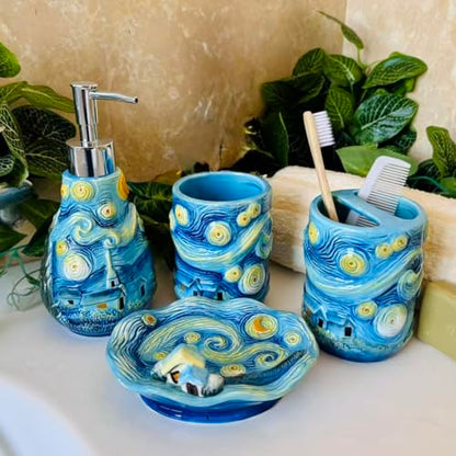 4 Piece Van Gogh Starry Night Ceramic Bathroom Accessory Set, Blue Art Decor with Soap Dispenser, Toothbrush Holder, Tumbler, Soap Dish