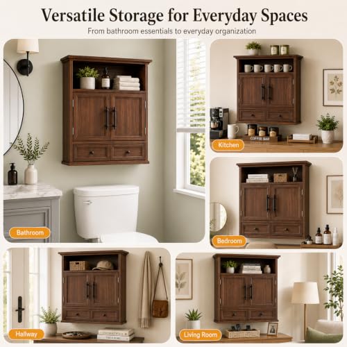 24" Wall Mounted Bathroom Storage Cabinet with Adjustable Shelf, Open Shelf, Double Doors and Full-Width Drawer, Farmhouse Floating Cabinet for Over Toilet,Walnut