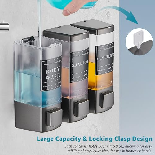 Shower Shampoo Dispenser 3 Chamber No Drill, Grey | Wall Mounted, Large Capacity 3×16.9oz, ABS Plastic Material, Refillable With Labels, For Bathroom Hotel - color: Dm35-grey