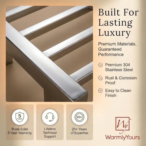 WarmlyYours Palma Heated Towel Rack, 4 Bars, Polished Steel | Wall-mounted compact electric towel warmer and dryer, plug-in or hardwired, 304 stainless steel, warms 2 towels or a robe