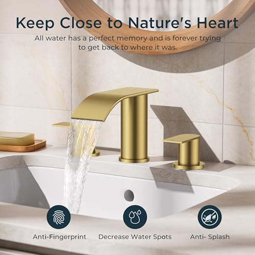 FORIOUS Bathroom Faucet 3 Hole 8 Inch Widespread Waterfall Brushed Gold | Bathroom Sink Faucet with Pop-up Drain and 24" Supply Lines, Two Handles, for Vanity Laundry Farmhouse School and Restroom - color: Brushed Gold