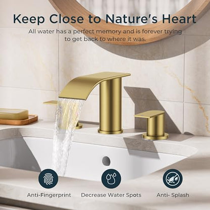 FORIOUS Bathroom Faucet 3 Hole 8 Inch Widespread Waterfall Brushed Gold | Bathroom Sink Faucet with Pop-up Drain and 24" Supply Lines, Two Handles, for Vanity Laundry Farmhouse School and Restroom - color: Brushed Gold