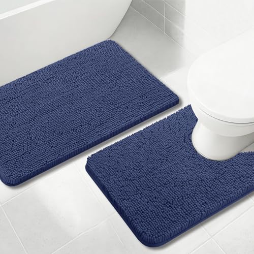 Bathroom Rugs Sets 2 Piece Chenille Bathroom Rugs,Extra Thick and Absorbent,Strong PVC Non-Slip Underside, Machine Washable, Dry Quckily, Soft Cozy Plush for Toilet,Bedroom (Navy Blue) - color: Navy Blue, size: 20 x 32 inch + 20 x 20 inch (U-Shape)