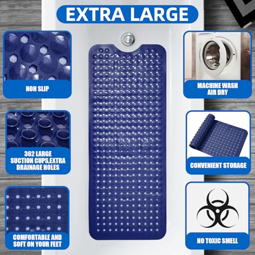 MOONFLY Shower and Bathtub Mat,40x16 Inches,Extra Long Non Slip Mats with Suction Cups and Drain Holes, Machine Washable and Anti Slip Bathmats, Bathroom Mats for Tub Nonslip (Navy Blue) - color: Navy Blue