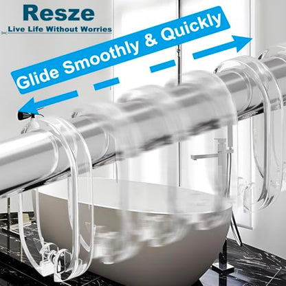 Resze 24 PCS Clear Shower Curtain Hooks with Fixed Locking Clips | Oval Anti-Slip Bath Rings,Durable Plastic Resin,Invisible Design,Rust Resistant Decorative Hooks for Bathroom,Kitchen,Bedroom