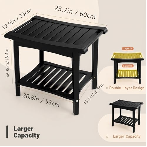 Bamboo Shower Bench for Inside Shower to Sit on, Heavy Duty Bathroom Chair Seat with Storage Shelf, 23.7" W x 12.9" Dx 18.4" H, Spa Bath Chair for Bathrooms, 300 lbs Capacity (Black) - color: Black