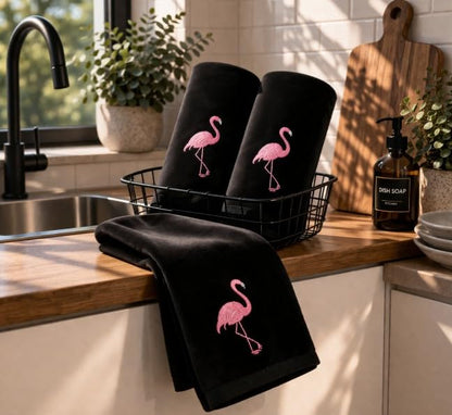 3-Pack Flamingo Fingertip Kitchen Towels, Deluxe Premium Terry Velour Hand Towels, 100% Cotton, Quick Drying and Highly Absorbent, Ultra Soft Bath Towels Set (Black)