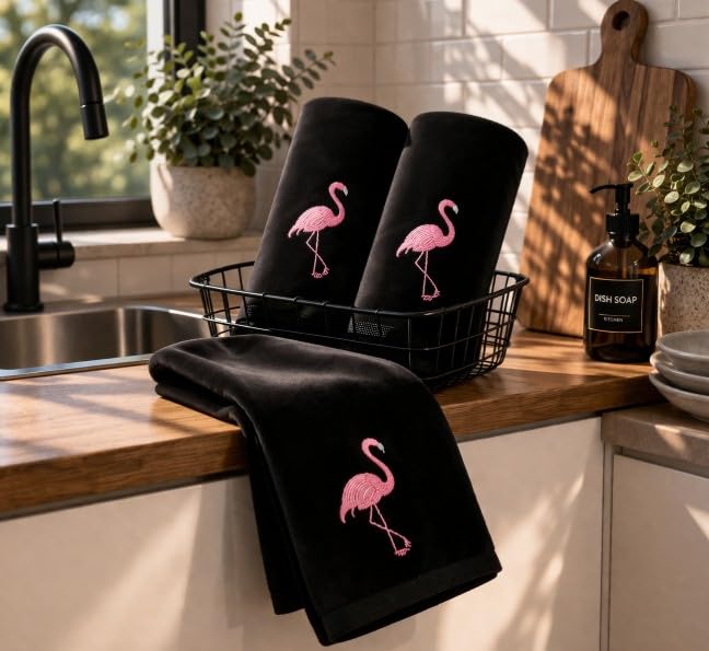 3-Pack Flamingo Fingertip Kitchen Towels, Deluxe Premium Terry Velour Hand Towels, 100% Cotton, Quick Drying and Highly Absorbent, Ultra Soft Bath Towels Set (Black) - color: Flamingo Black