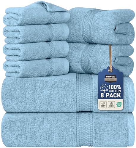 Utopia Towels 8 Piece Luxury Towel Set – Majestic Plush, Super Absorbent & Quicker-to-Dry, Thick 100% Ring Spun Cotton Towels for Bathroom, Spa & Hotel – 2 Bath, 2 Hand, 4 Washcloths, Sky Blue - color: Sky Blue, size: 8 Pieces Towel Set