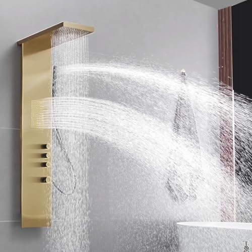 Shower Panel Tower System, Brushed Gold | Stainless Steel, Multifunction Shower Tower System, Bathroom Rainfall Shower Head Hand Shower and Large Area Body Spray - color: Gold, style: 3 IN 1 Shower Panel