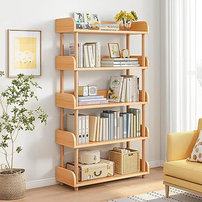 OSCHF 5-Tier Wooden Open Bookcase, Oak | Modern Display Bookshelf with Top Edge, Solid Wood Frame, Home and Office Storage - color: Oak, size: 5-tier