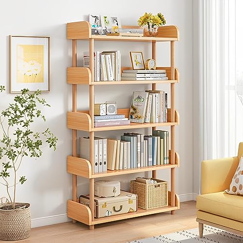 OSCHF 5-Tier Wooden Open Bookcase, Oak | Modern Display Bookshelf with Top Edge, Solid Wood Frame, Home and Office Storage - color: Oak, size: 5-tier