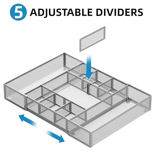 Marbrasse Expandable Desk Drawer Organizer, Mesh Tray with 10 Adjustable Compartments, Desk Organizers for Office Supplies, Makeup & Vanity (Expandable-Silver) - color: Expandable-Silver