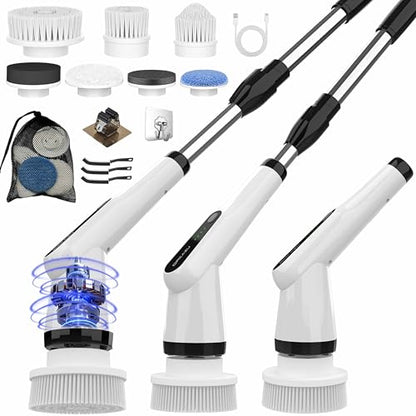 WKY-Electric Spin Scrubber - Upgraded 10-in-1 IPX7 Waterproof Shower Scrubber, Retractable Handle & 2-Speed for Toilet, Bathroom, Bathtub, Tile Floors - color: White