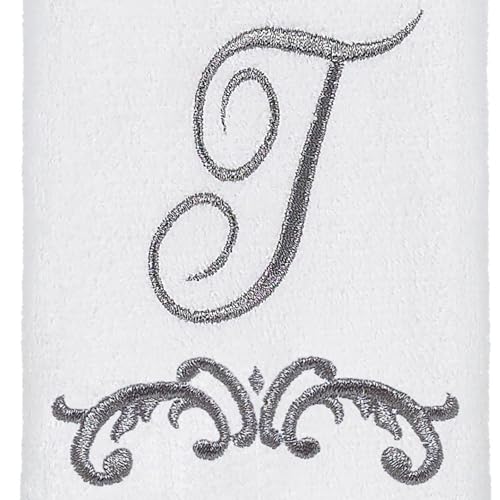 Avanti Monogram Fingertip Towel, T-Scroll, White/Pewter
