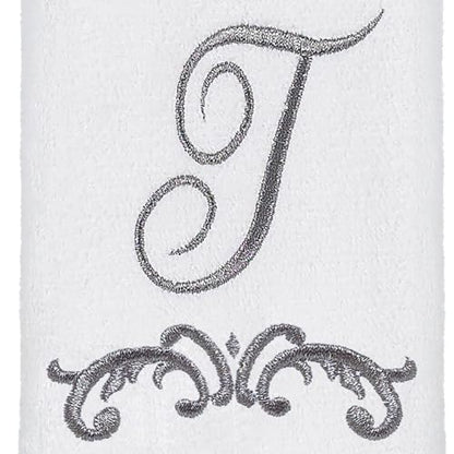 Avanti Monogram Fingertip Towel, T-Scroll, White/Pewter