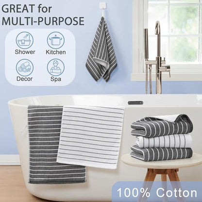 VOOVA & MOVAS White Striped Hand Towels 4 Pack, 100% Cotton, 13x28 in | Ideal for Home Bathroom & Kitchen, Hanging Loops, 450GSM, Ultra Absorbent & Quick Dry, White Base with Black Stripes - color: White Stripe