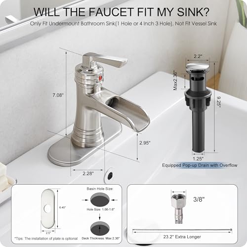 Brass Brushed Nickel Bathroom Faucet 3 Hole 4 Inch Waterfall Bathroom Faucet Single Hole, 1 Handle with Pop-up Drain, Deck Plate, cUPC Supply Pipes for Vanity, Restroom, 5 Mins Quick Install - color: Brushed Nickel
