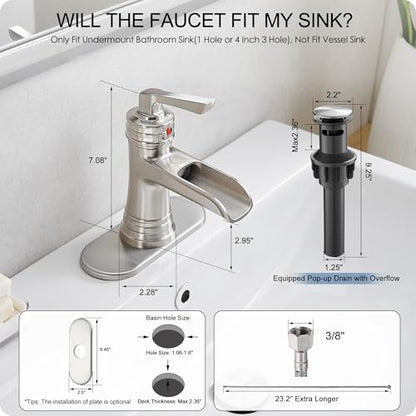 Brass Brushed Nickel Bathroom Faucet 3 Hole 4 Inch Waterfall Bathroom Faucet Single Hole, 1 Handle with Pop-up Drain, Deck Plate, cUPC Supply Pipes for Vanity, Restroom, 5 Mins Quick Install - color: Brushed Nickel