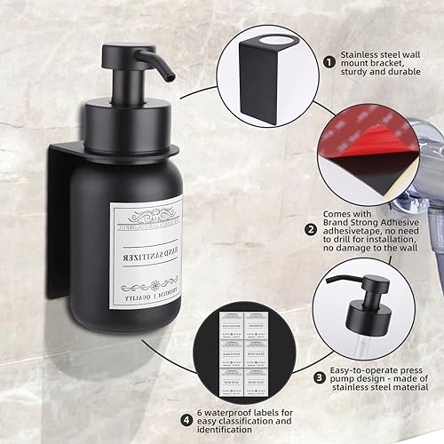 2 Pack Wall Mounted Soap Dispenser 8.5oz Refillable for Home & Hotel | Stainless steel pump head & bracket, glass bottle, wall mounted design, rust-resistant, durable, refillable - color: Black Set of 2