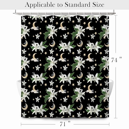 Celestial Floral Shower Curtain 71x74 Inch, Black Boho Moon and Stars Printed Bathroom Shower Curtain with Rust-Proof Hooks, Dark Gothic Style Waterproof Fabric Bath Tub Curtain - color: Floral-q