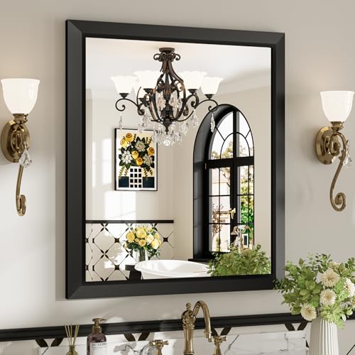 28x32 Inch Black Bathroom Mirror for Wall, Beveled Framed Rectangle Bathroom Vanity Mirrors for Over Sink, Bedroom, Living Room, Entryway, Anti-Rust, HD Tempered Glass, Horizontally/Vertically - size: 28"L x 32"W