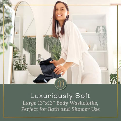 Charcoal Grey Extra Large Washcloths Set of 6 Soft Body Cloths 13” x 13” 70% Viscose Derived from Bamboo, 30% Cotton Spa-Like Feel Silky for Skin Cleansing - color: Charcoal
