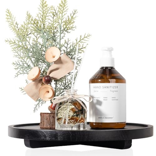 Round Decorative Tray Wood Bathroom Counter Organizer Farmhouse Kitchen Decor Wooden Riser for Soap Dish, Perfume, Candle, Sponge, 12" - Black | Waterproof, Lightweight, Easy Clean, Wood Riser Pedestal Stand Accessories for Office Desk, Vanity, Counter, S