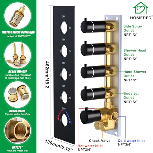 HOMEDEC 14x20inch LED Rainfall Shower System with 6" Wall Mounted Shower Head, 4 Way Thermostatic Diverter Valve, Body Sprays and Handheld, Black - color: Black, style: 4-Way + 1x 6" Top