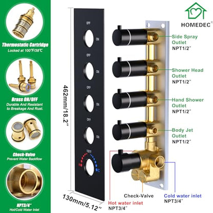 HOMEDEC 14x20inch LED Rainfall Shower System with 6" Wall Mounted Shower Head, 4 Way Thermostatic Diverter Valve, Body Sprays and Handheld, Black - color: Black, style: 4-Way + 1x 6" Top