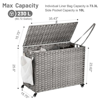 Laundry Hamper with Wheels, 60.72 Gallon(230L) Rolling Laundry Basket with Lid, Removable Large 3 Color Liners & 3 Mesh Laundry Bags, Clothes Hamper with Side Pocket, Grey - color: Grey, size: 35.43"L x 15.75"W x 25.6"H