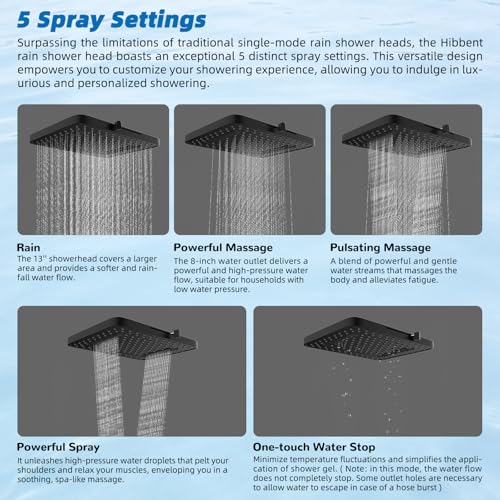 Hibbent 13'' Rain Shower Head with 12'' Shower Extension Arm, Matte Black | High Pressure 5 Modes Rainfall Shower Head with Solid Brass Adjustable Shower Arm Extender, Waterfall fixed Square Showerhead - color: Matte Black